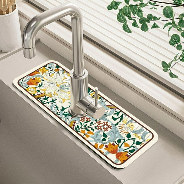 1pc Floral Sink Faucet Absorbent Mat, Drainage Pad, Kitchen, Bathroom Sink, Countertop, Drain Pad, Diatomaceous Mud Washbasin, Cuttable, Quick Drying Pad