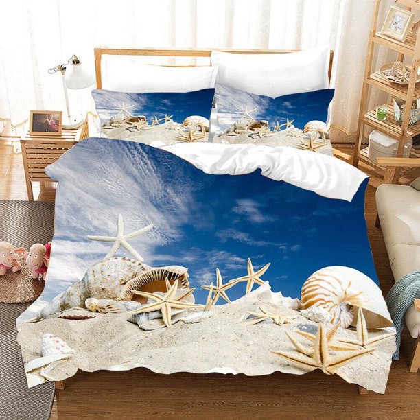 Sandy Beach Conch Starfish Quilt Duvet Cover Set Soft Queen Bedroom Decor3-Piece Bedding Set