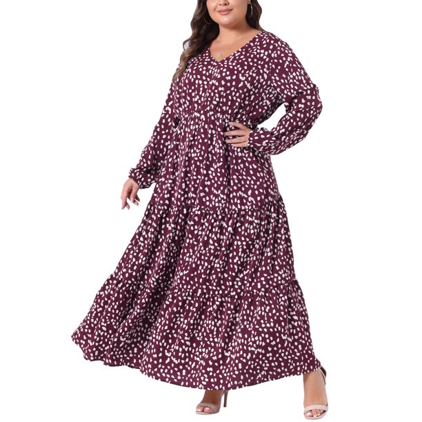 Agnes Orinda Vestido Maxi Largo de Lunares para Mujer Talla Grande de Escuela Colegio con Mangas de Linterna y Dobladillo con Volantes Flowy Boho 4X Rojo Oscuro