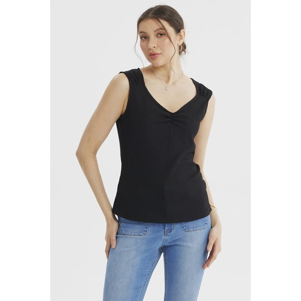 Polera Mujer Textura Recogido En Pecho Negro