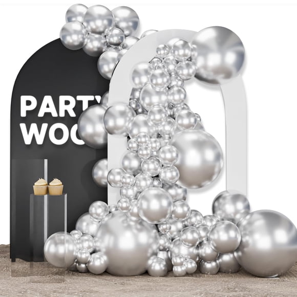 Balloon PartyWoo, paquete de 155 unidades, plata metalizada, con kit de arco