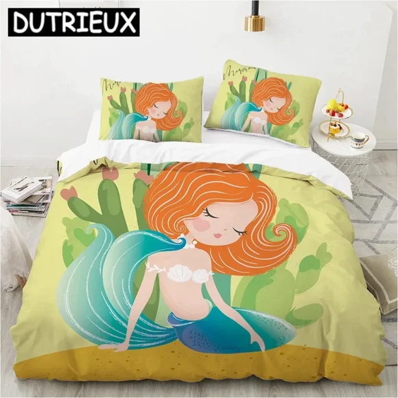 Cartoon Mermaid Girl Duvet Cover Beautiful Lovely Mermaid Princess Print Bedding Set Kid Polyester Quilt Cover Bed Sheets