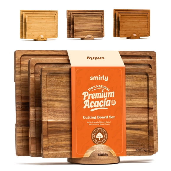 Tabla de cortar SMIRLY Wood, juego de 3 con soporte de madera de acacia
