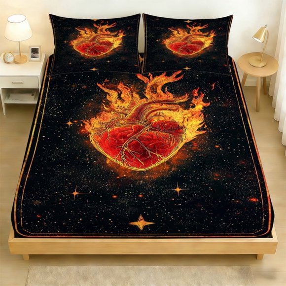 3pcs Burning Heart Pattern Digital Print Set Polyester Skin-Friendly Anti-Pilling Fabric