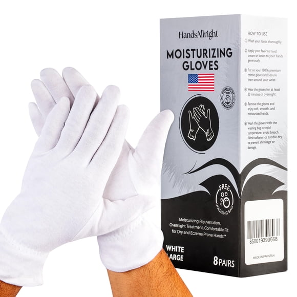 Guantes hidratantes HandsAllright de algodón blanco, 8 pares con bolsa