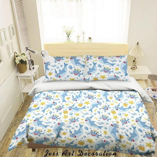 3D Dibujado a mano Azul Tiburón Funda de edredón Set Ropa de Cama Funda Nórdica Fundas de almohada