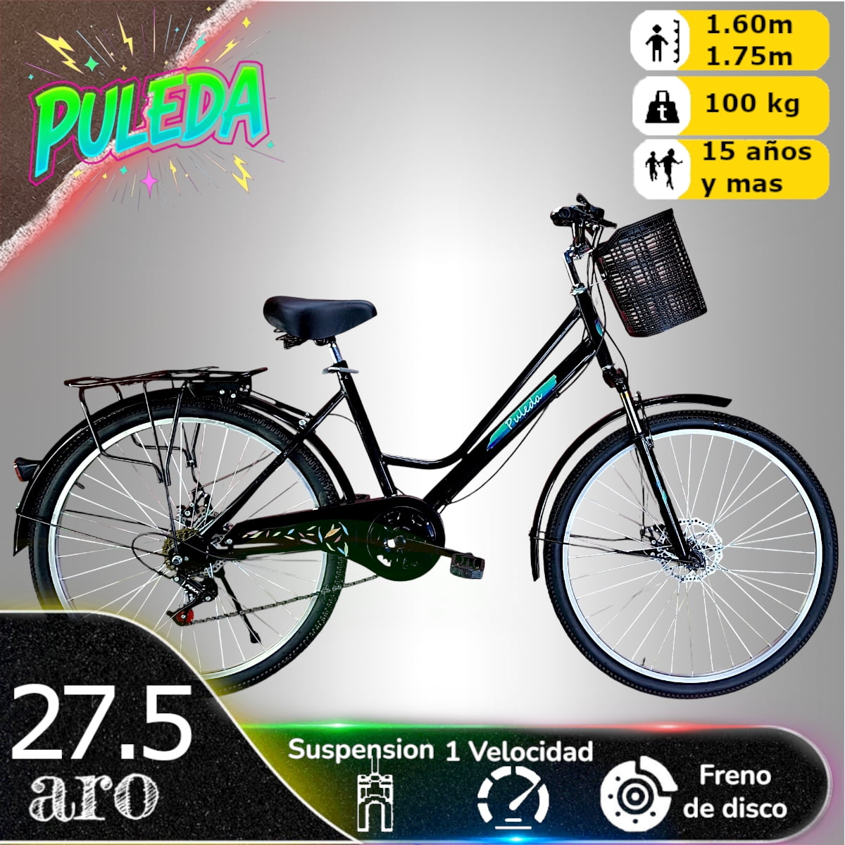 Vipnetwork - Bicicleta Aro 27.5 Puleda Negro De Paseo Con 7 Velocidades Y Freno Disco