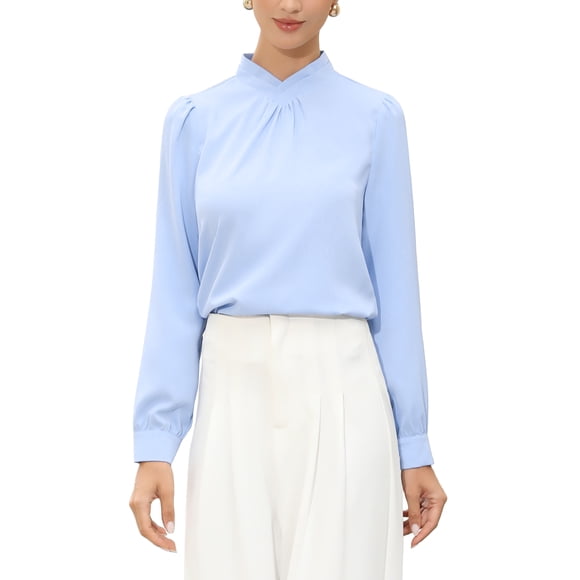 Camisa de Negocios para Mujer INSPIRE CHIC con Pliegues, Cuello Simulado, Mangas Largas Abullonadas, Talla XL, Azul Claro