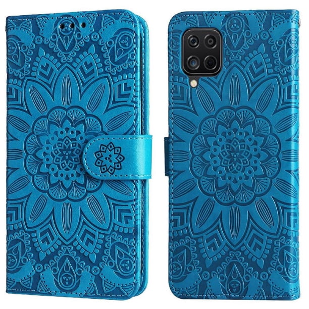 Funda tipo cartera FOXDOCK para Samsung Galaxy A12 , diseño girasol en relieve, cuero PU, cierre magnético, soporte y tarjetero