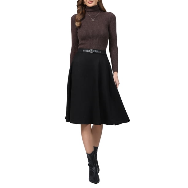 Falda de Ante Sintético de Cintura Alta para Mujer INSPIRE CHIC, Casual de Negocios, Línea A, Midi, 2XL Negro