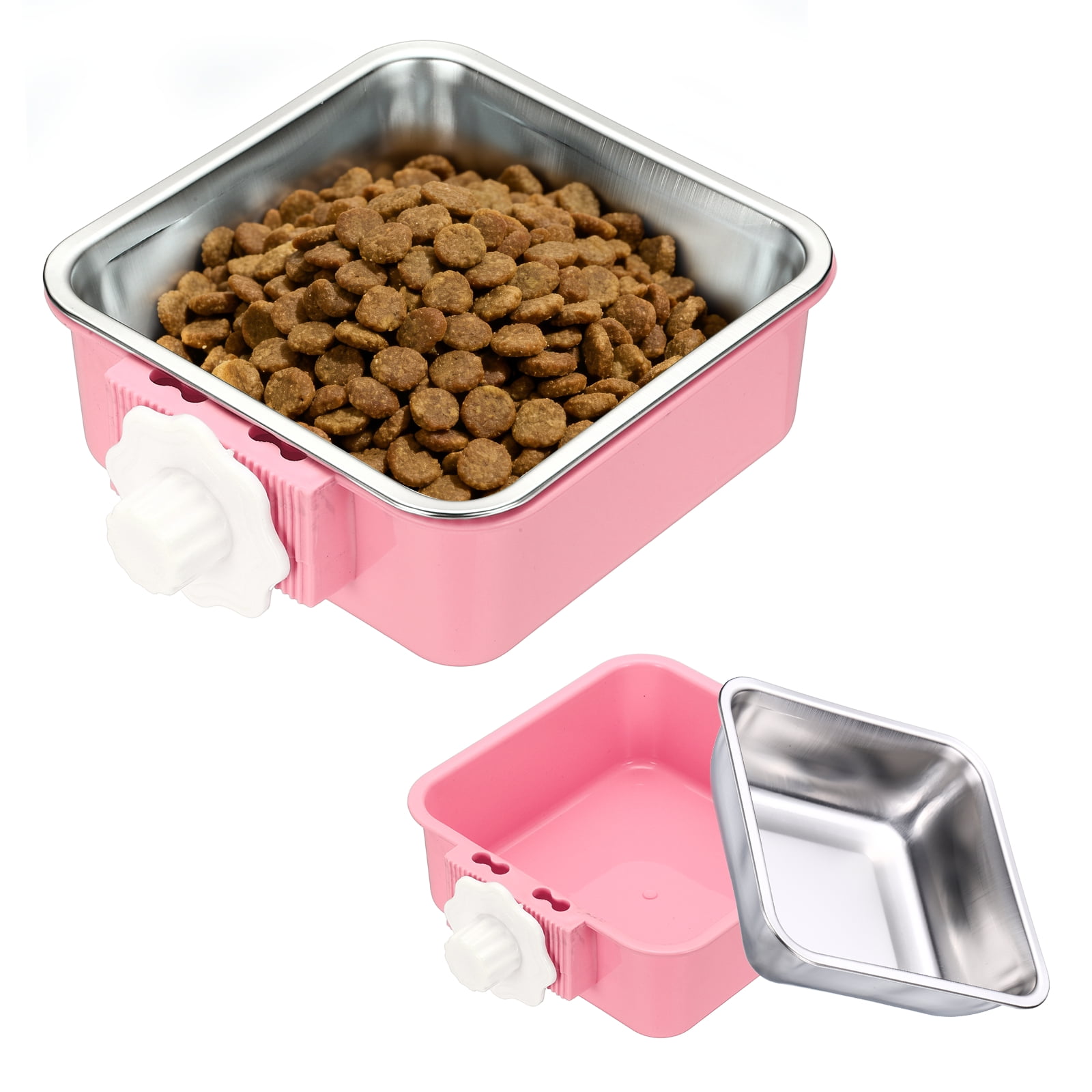 Uxcell Cuenco para Jaula de Perros, Comedero de Agua y Comida Antivuelco de Acero Inoxidable Desmontable para Jaula de Mascotas (Cuadrado, Rosa, 17.7oz), Destinado para Cachorros/Gatos/Conejos/Pájaros