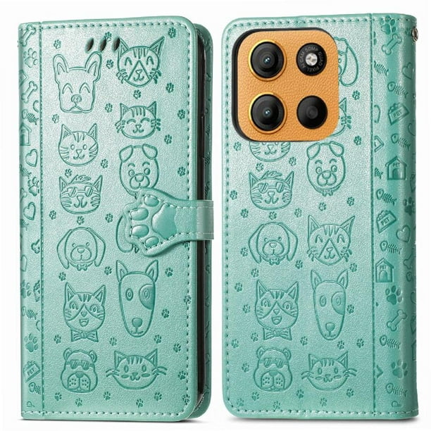 Funda Cartera FOXDOCK para Motorola Moto G15 , Flip PU con Relieve de Gatos y Perros, Tarjetero y Soporte