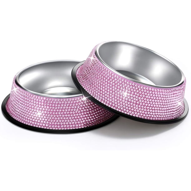 Comedero para mascotas de acero inoxidable con brillantes diamantes de imitación. Comedero para perros, gatos y perros. Cuenco individual de acero inoxidable con diamantes de imitación. Cuenco para ma