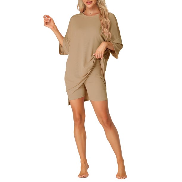 INSPIRE CHIC Conjunto de Salón de Punto Acanalado para Mujer Camiseta de Manga Corta Oversize y Pantalones Cortos de Cintura Alta Suave Conjunto de Dos Piezas de Verano L Caqui