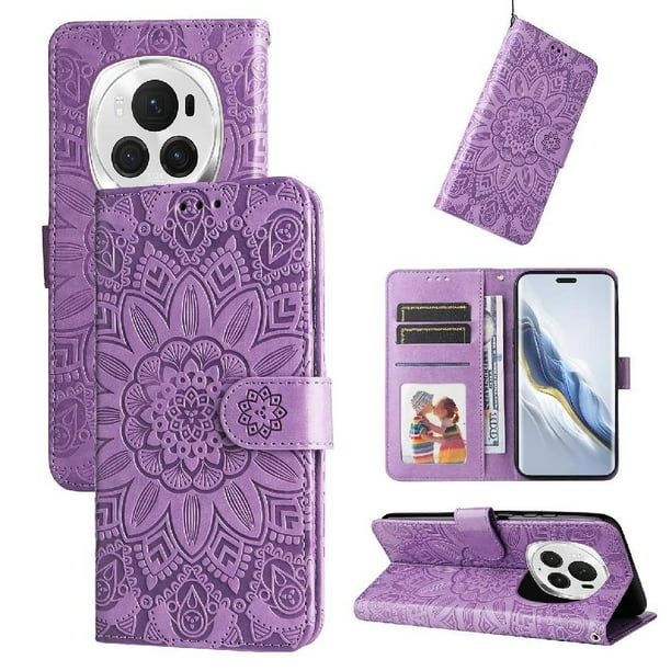 Funda tipo cartera FOXDOCK para Honor Magic 6 Pro , diseño girasol en relieve, cuero PU, cierre magnético, soporte y tarjetero