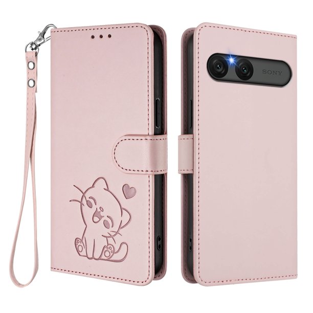 Sony Xperia 10 VII Funda Billetera con Estampado de Gato, Rosa