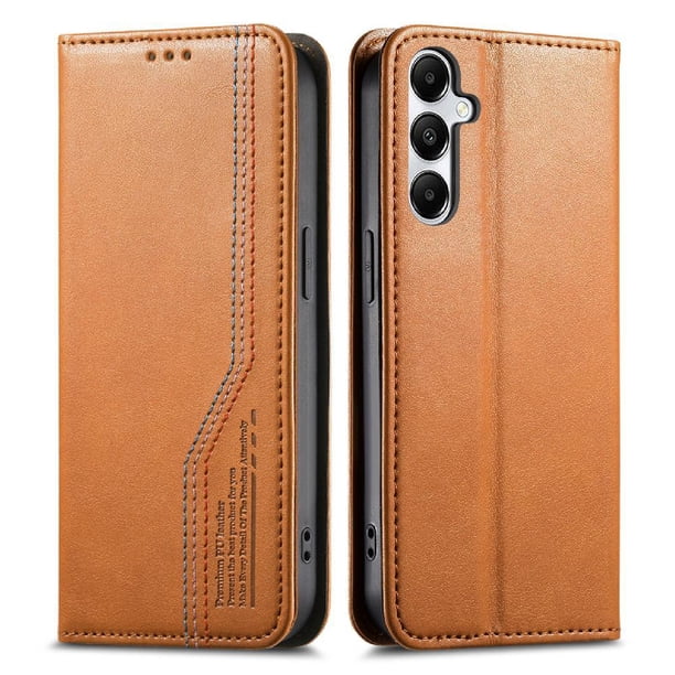 Funda tipo cartera para Samsung Galaxy A17 de piel con cierre magnético, ranuras para tarjetas y correa para la muñeca Marrón