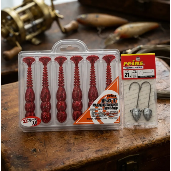 Kit Reins Fat Rockvibe Shad 4” Color Rojo Berry + 2 Jigs 21 g 4/0