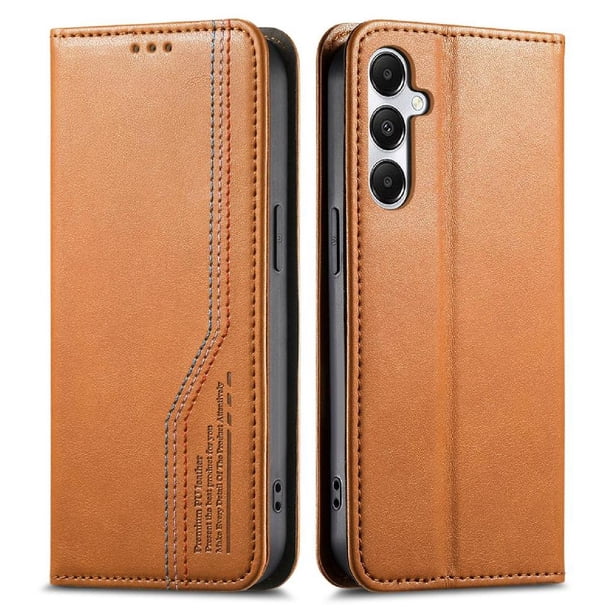 Funda tipo cartera para Samsung Galaxy S25 de piel con cierre magnético, ranuras para tarjetas y correa para la muñeca Marrón