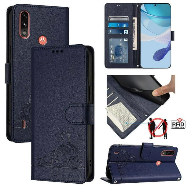 Funda tipo cartera FOXDOCK para Motorola MOTO E7 POWER 2021 con soporte, ranuras, RFID, diseño de gato