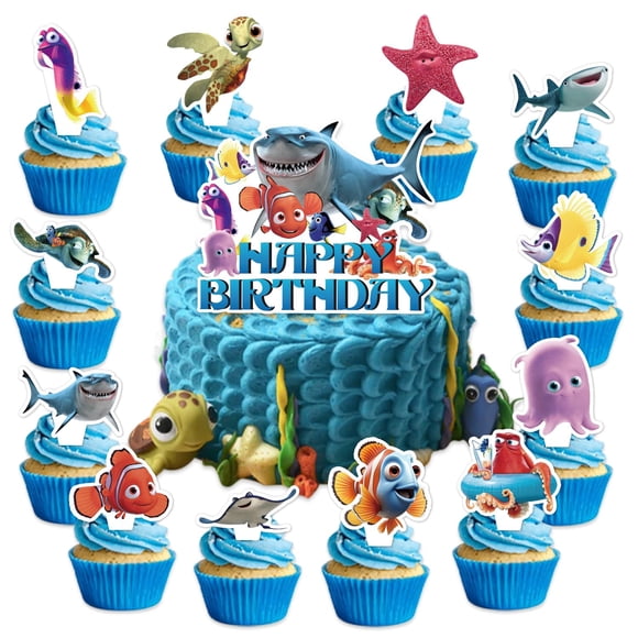 Paquete de 25 piezas de suministros para fiesta de cumpleaños de Buscando a Nemo, incluye 1 adorno para pastel y 24 adornos para cupcakes