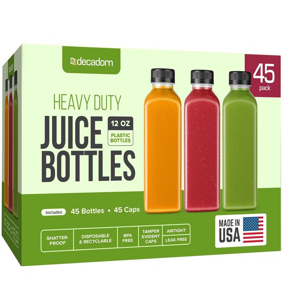 Botellas de zumo DECADORN de plástico con tapones, 350 ml, 45 unidades, fabricadas en EE. UU.