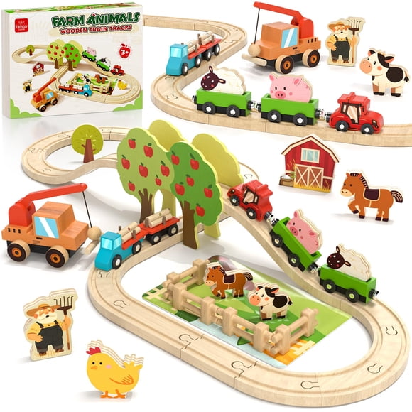 Set De Tren De Madera Con Animales De Granja Para Niños Pequeños