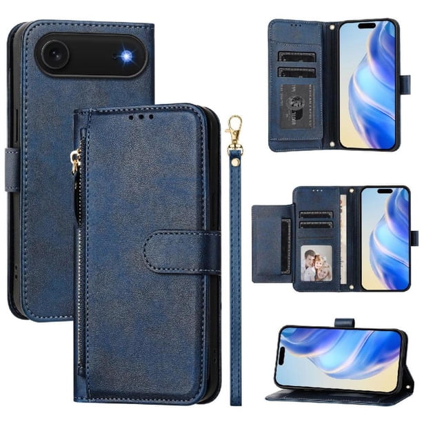 Funda Billetera Cremallera para iPhone 17 AIr con Porta Tarjetas, Soporte y Correa Azul