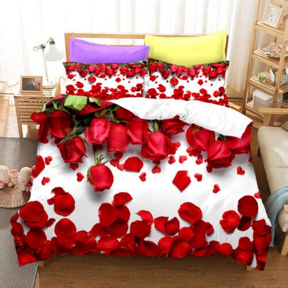 Romantic Rose Petals Flower Quilt Duvet Cover Set Pillowcase Children Queen3-Piece Bedding Set
