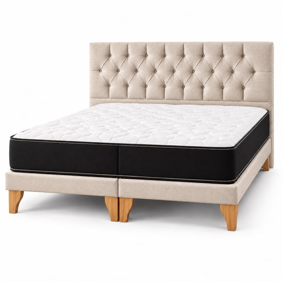 Cama Europea 2 Plazas Base Dividida Respaldo Capitoné Lino Beige Completa