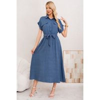 Likeshop - Maxi Vestido Largo Mujer Tela Tipo Jeans Con Mangas Premium 3373