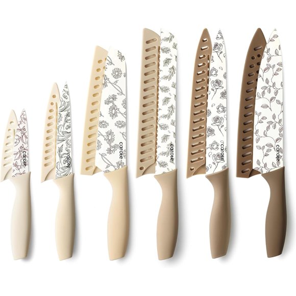 CAROTE Kitchen Knife Set, 6 Floral Knives with 6 Blade Guard