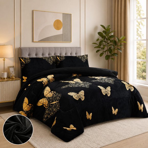 Cubrecama de Invierno Plush con Chiporro 2 plazas Negro con Mriposas 247