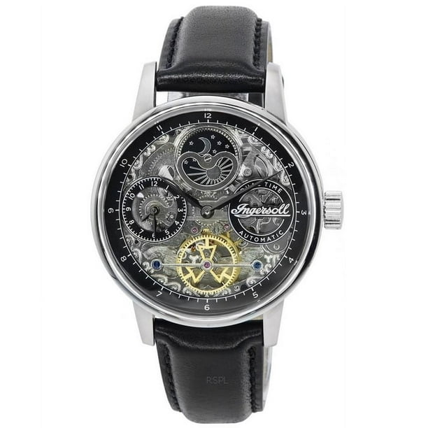 Reloj The Jazz Fase Lunar Correa De Cuero Esqueleto Esfera Plateada Automático I07701 Para Hombre