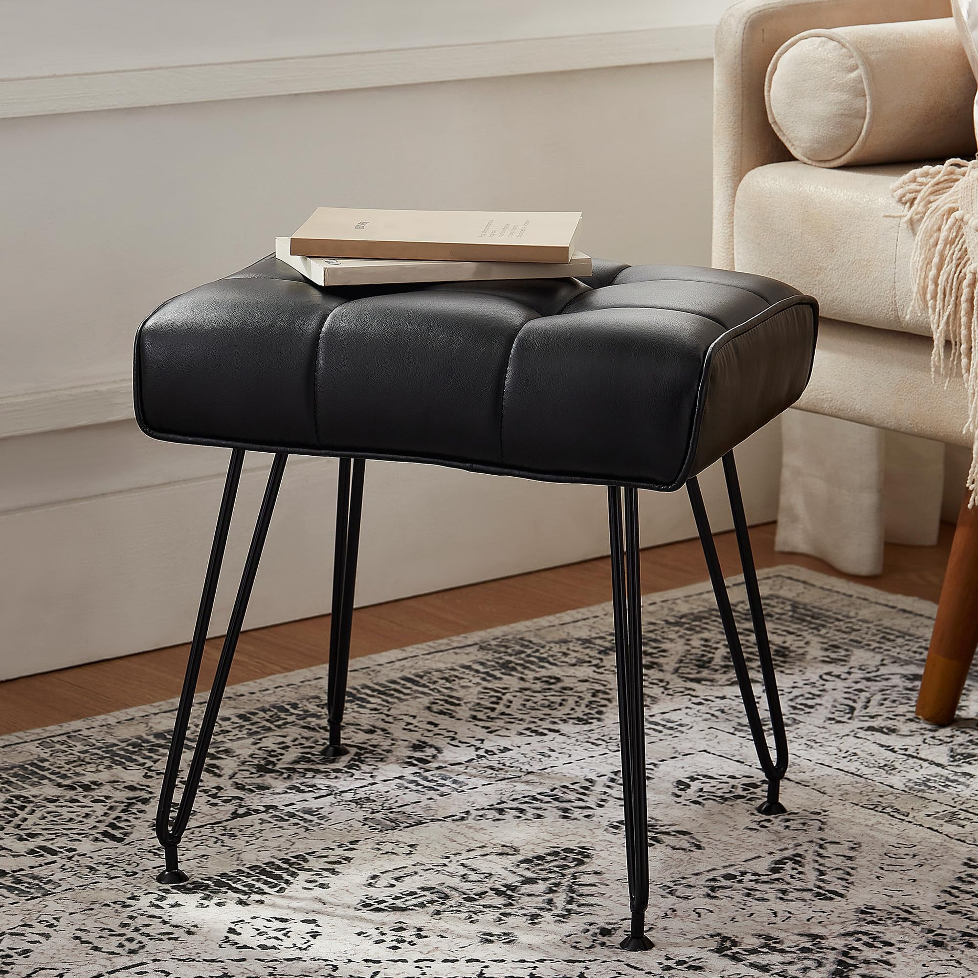 Taburete Ebenchico De Piel Sintética Para Maquillaje Con Patas De Metal