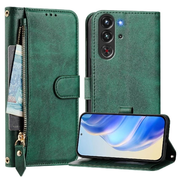 Funda Tipo Billetera para ZTE nubia Rojo Magic 10 Pro con Cremallera Portatarjetas Soporte Correa de Muñeca Cuero Verde