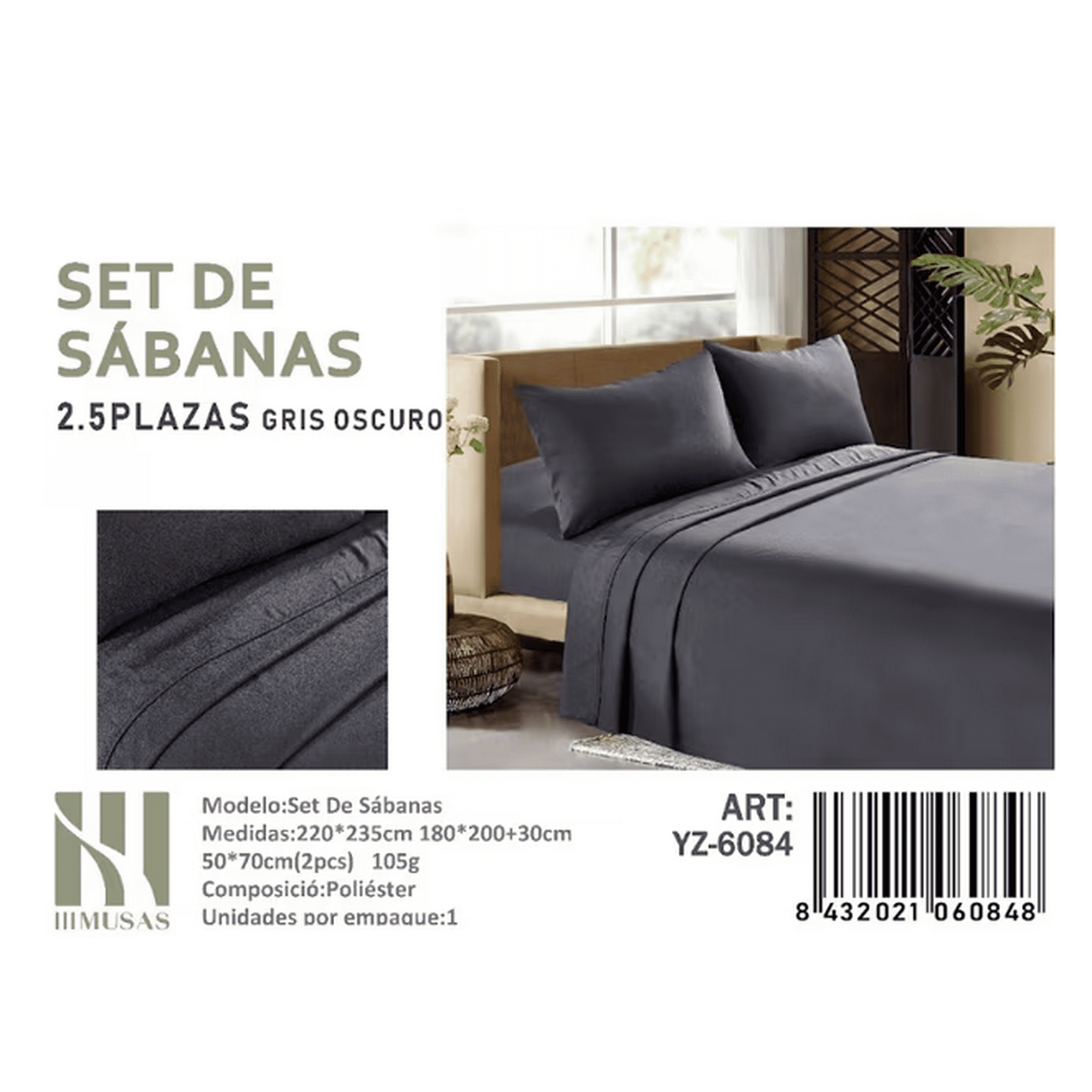 Todostore - Set De Sabanas King Gris Oscuro 200 Hilos + 2 Funda De Almohada