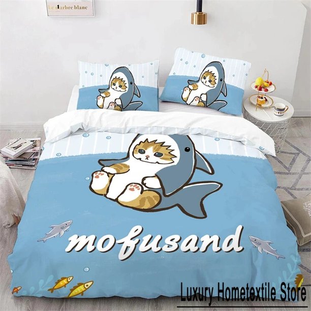 Cute Kitten Duvet Cover Pillow Case Mofusand Shark Cat Bedding Set Size Teen Gift Room Decor set Bed Sheets