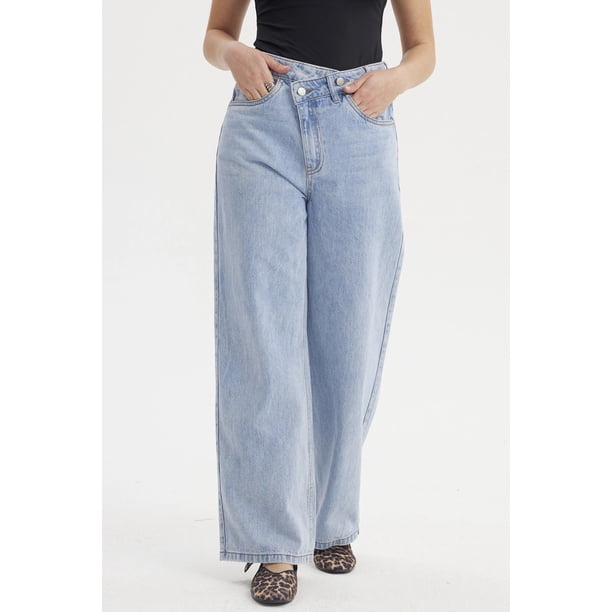 Jeans Mujer Recto Cintura Cruzada Azul Claro