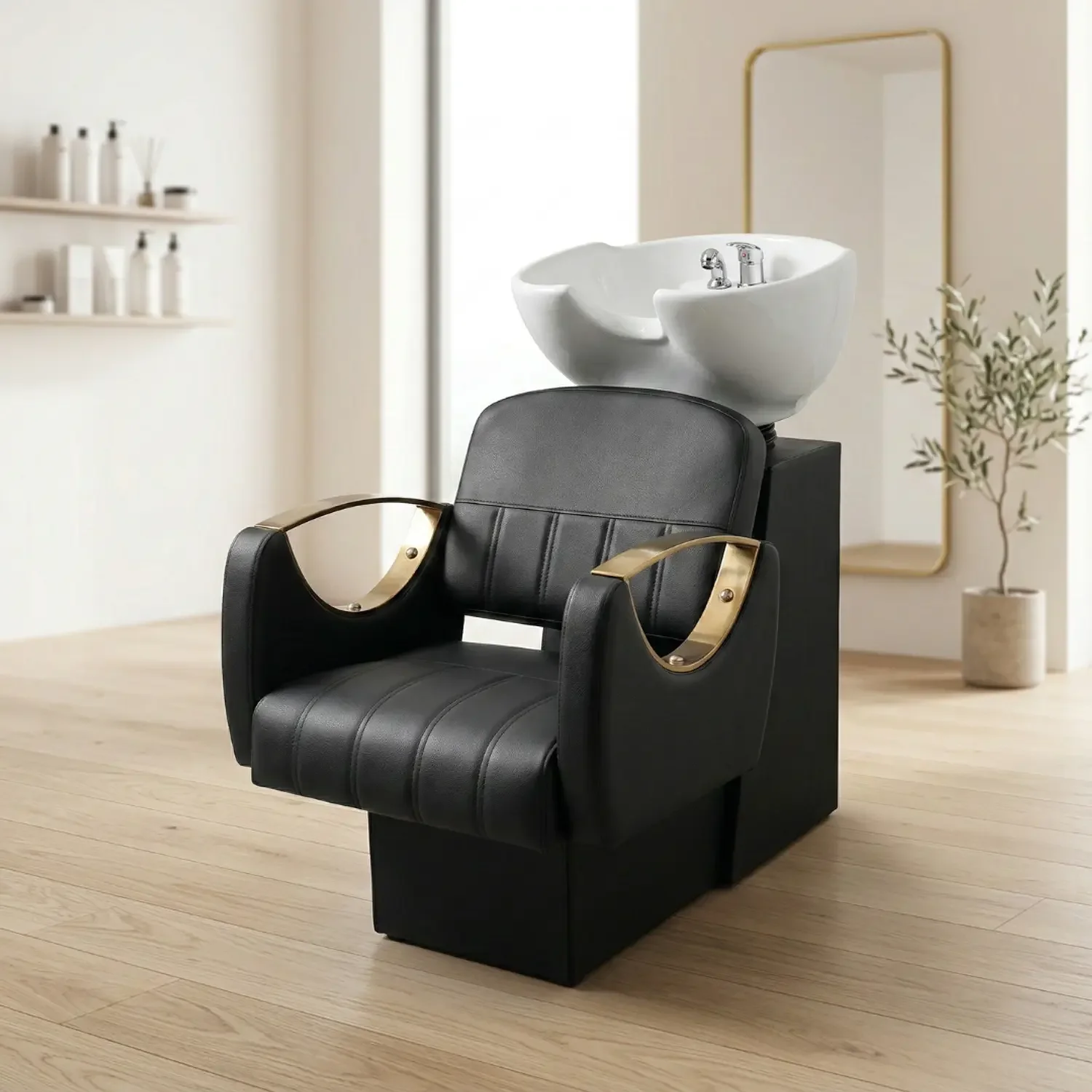Genérica - Lavapelo Profesional Para Peluquería Con Taza De Cerámica Blanca Detalles Con Dorados – Ébano Dorado Pro