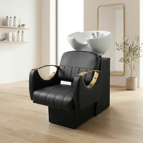 Lavapelo Profesional para Peluquería con Taza de Cerámica Blanca Detalles con Dorados – Ébano Dorado Pro