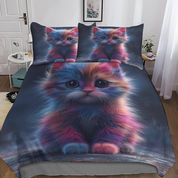 DSJackson Cat 3D Print Duvet Cover 3-piece Animal Quilt Cover Bedding Set with Microfiber with Hidden Zipper Closure with Pillowcases for Boys Girls Comforter Cover King