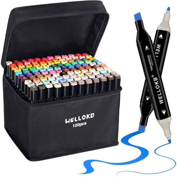 Marcadores de Alcohol WELLOKB 120 colores de punta doble, tinta permanente