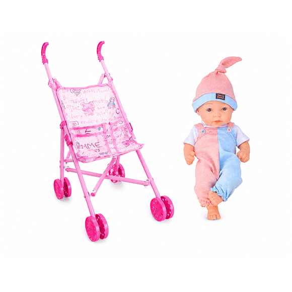 Set Juguete Muñeca Bebé con Cochecito de Paseo Plegable BM