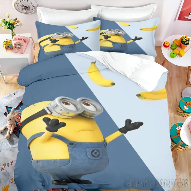 x1413 Bed SheetsAnime M-Minions Love Child Duvet Cover Set HD Comforter Cover Bedclothes for Kids Bedding Sets Bedroom Decor 3-Piece Bedding Set (1 Duvet Cover + 2 Pillow Shams) nj1413