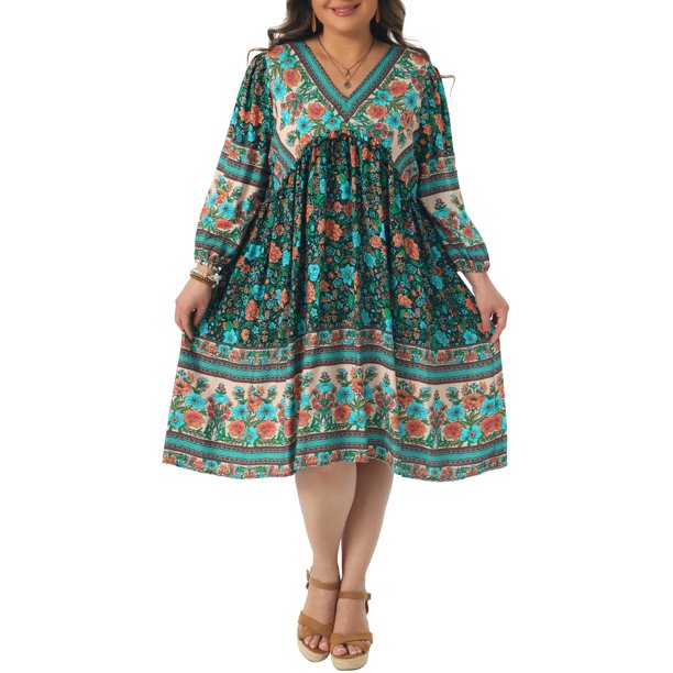 Agnes Orinda Vestido de Verano Talla Grande para Mujeres Escuela Universidad Casual Bohemio Floral Cuello en V Manga 3/4 Midi Corto Vestido de Playa 4X Verde Oscuro