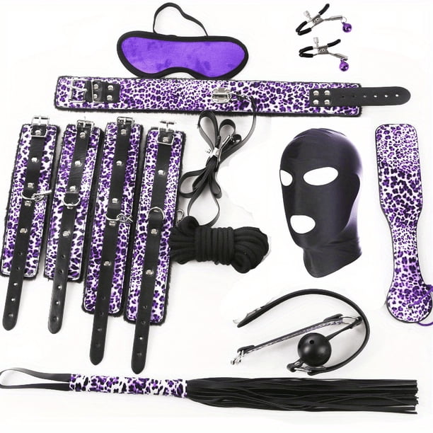 Sexy Leopard Pattern Leather Plush BDSM Bondage Set with Handcuffs, Whip, Nipple Clip, and Headgear - Adult Sex Game Accessories for Exploring Your Desires