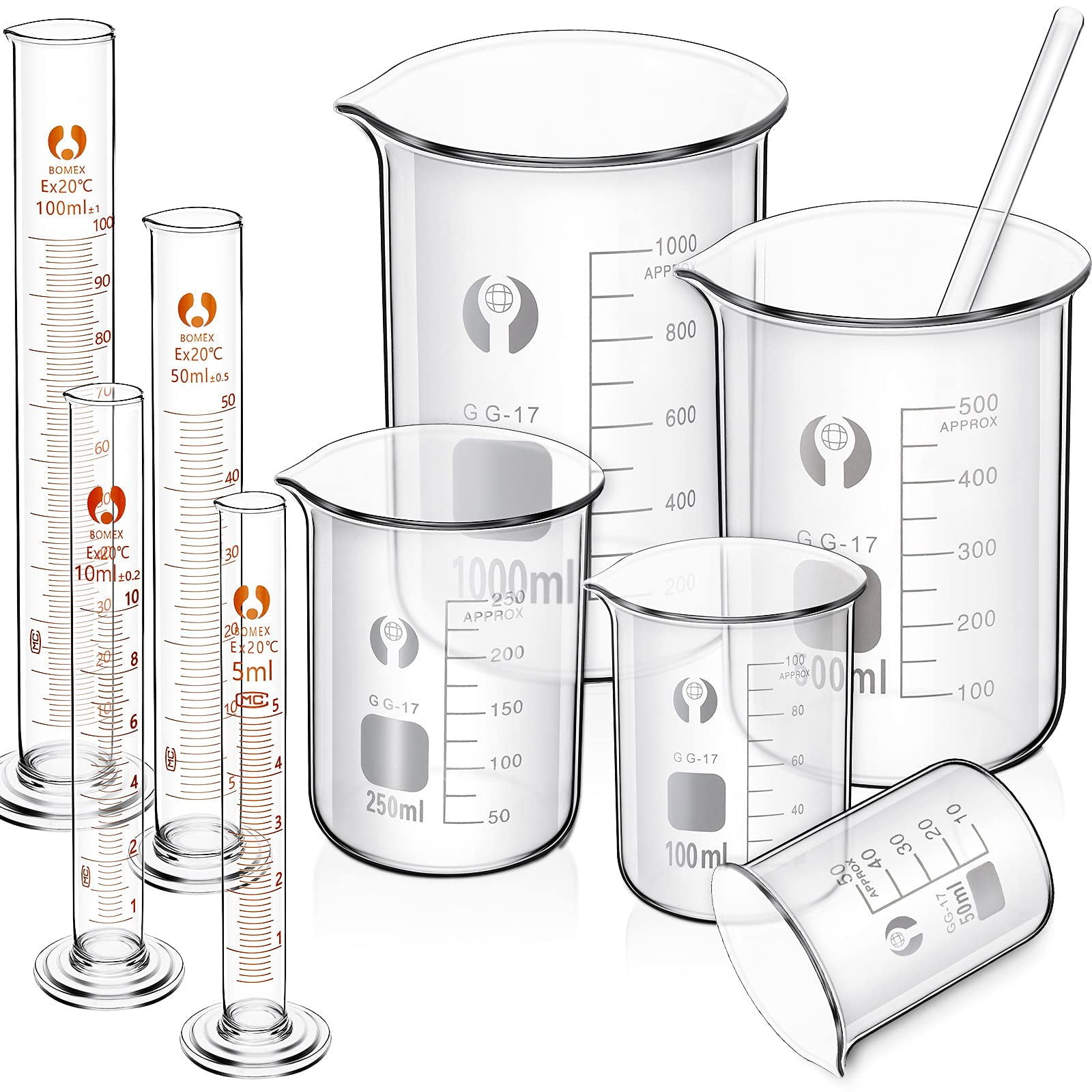 Feekoon - Juego De Vasos Medidores Y Cilindros De Vidrio 10 Piezas