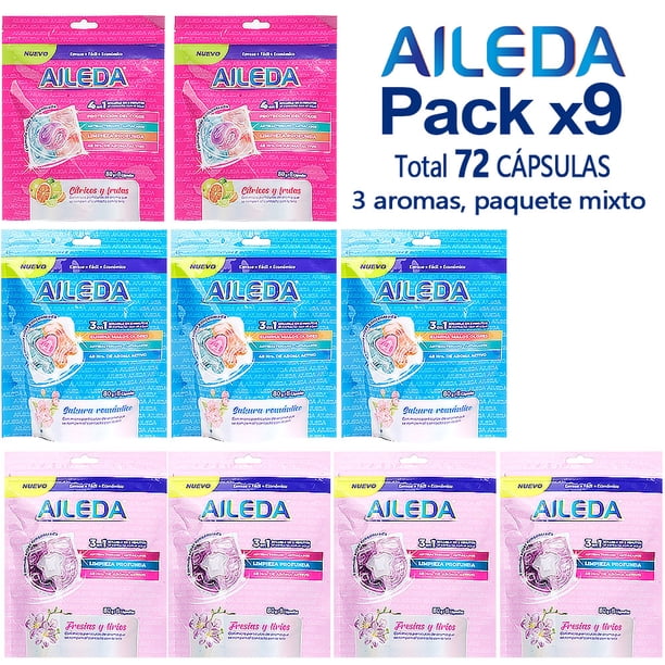 Detergente En Cápsulas Aileda Pods En Total 72 Uni Con 3 fragancias diferentes (Cítricos y frutas 2 bolsa,sakura 3 bolsa,Fresias y lirios 4 bolsa)