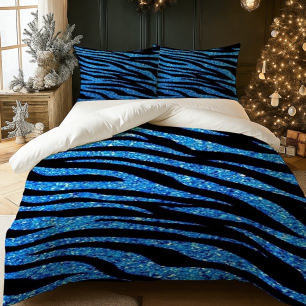 3pcs Blue Flash Zebra Pattern Digital Print Bedding Set | Polyester Anti-Pilling
